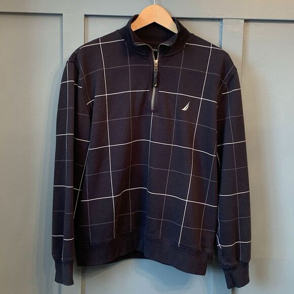 Nautica Mens Sweatshirt Large Blue  Plaid Quarter Zip Pullover Cotton‎ Fleece - Picture 1 of 6